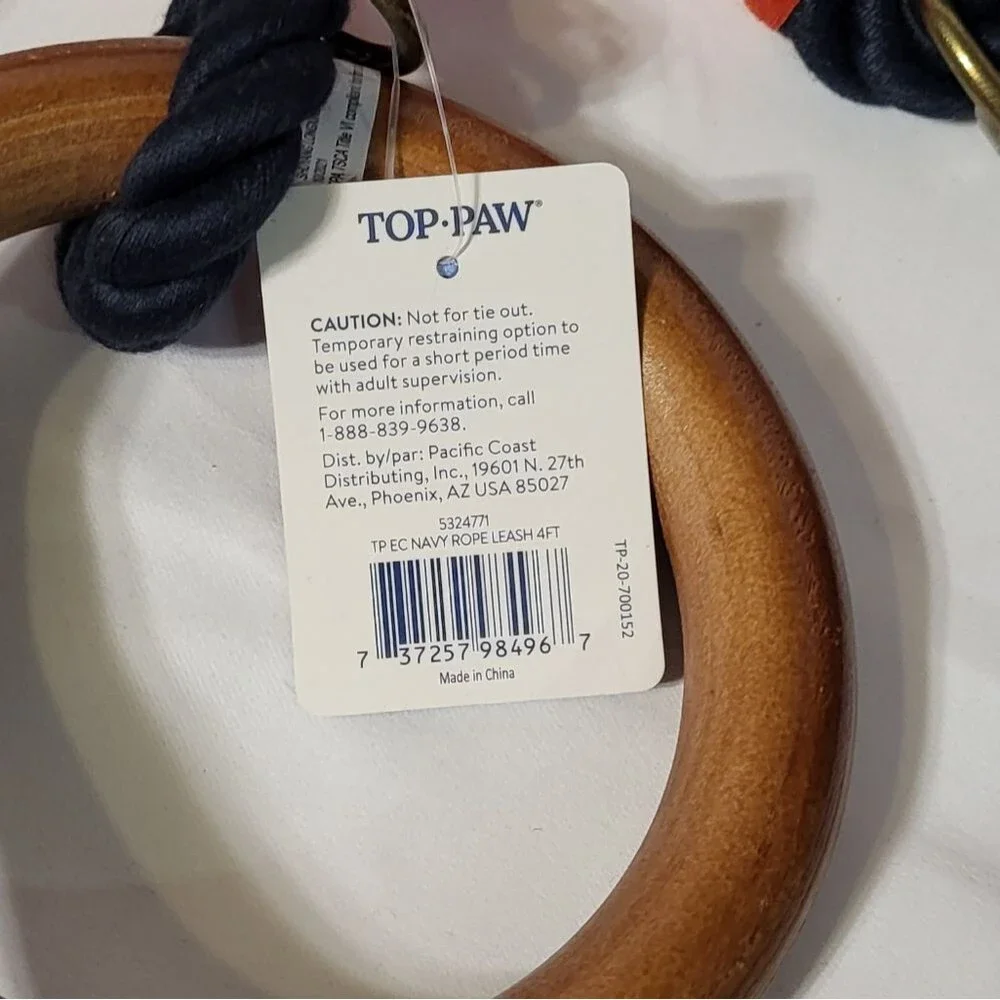 Top Paw NWT Navy Blue 4ft Rope Dog Leash With Accessory Ring & Wood Handle